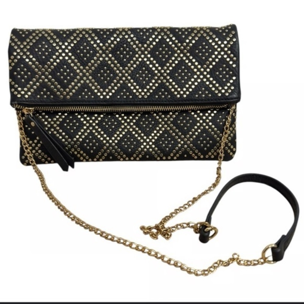 Madison West Stud Accent Fold-Over Clutch Crossbody in black with gold hardware